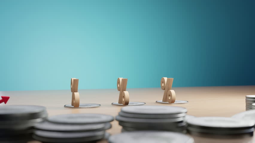 Wooden percentage signs on coin stacks with a rising red arrow, symbolizing increasing interest rates and financial growth.