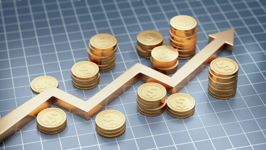 Stacks of gold coins and an upward arrow on a grid, representing financial growth, investment success, and economic progress.
