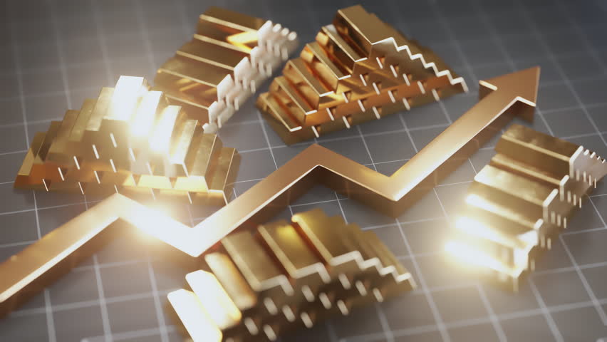 The image shows stacks of gold bars arranged beside an upward-moving arrow, symbolizing financial growth, investment, and wealth accumulation. The grid-like background