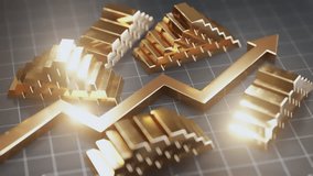 The image shows stacks of gold bars arranged beside an upward-moving arrow, symbolizing financial growth, investment, and wealth accumulation. The grid-like background - Powered by Shutterstock - Get 15% off with code: PIKWIZARD15