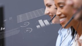 Animation of financial data processing over diverse business people using phone headsets. Global finance, business, connections, computing and data processing concept digitally generated video. - Powered by Shutterstock - Get 15% off with code: PIKWIZARD15