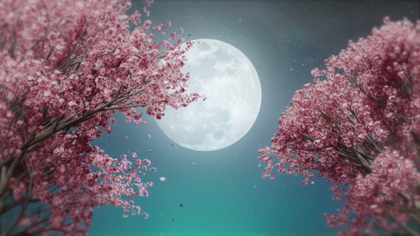 Cherry blossoms and full moon, moonlight, loop seamless background