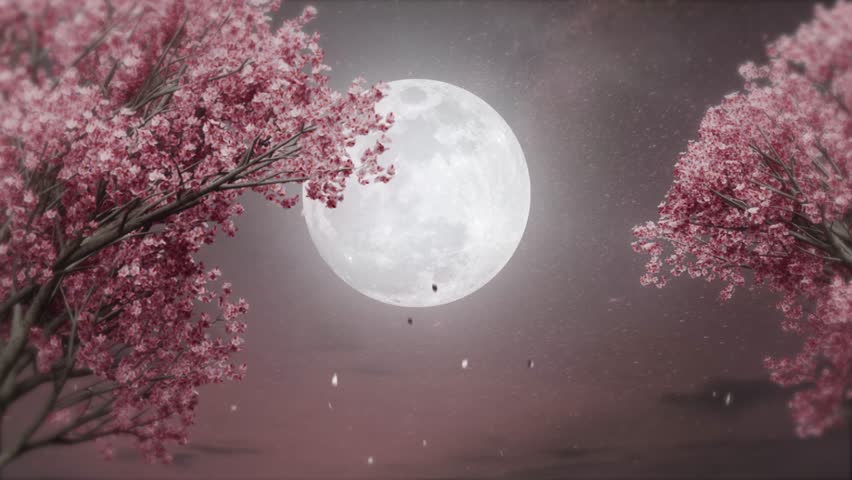 Cherry blossoms and full moon, moonlight, Japanese night scene, night sky