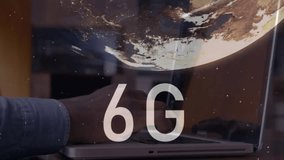 Animation of 6g text, globe and data processing over caucasian businessman using laptop. Global finance, business, connections, computing and data processing concept digitally generated video. - Powered by Shutterstock - Get 15% off with code: PIKWIZARD15