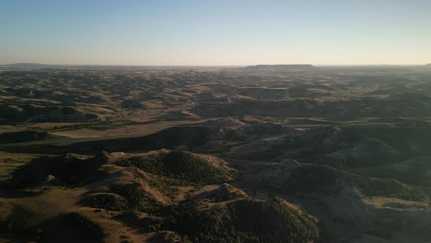 Sunset aerial of Medora North Dakota badlands near Teddy Roosevelt National Park