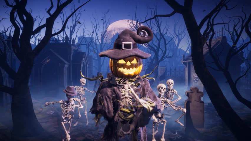 Halloween party: spooky skeleton with pumpkin head dances in the moonlight in misty ancient graveyard. 3D animated background for greeting cards, invitations, posters, events, parties