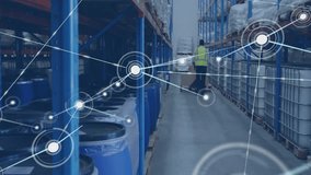 Animation of network of connections over man working in warehouse. Global shipping, connections, computing and data processing concept digitally generated video. - Powered by Shutterstock - Get 15% off with code: PIKWIZARD15