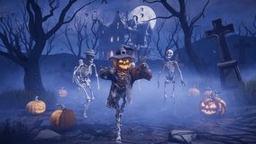 Halloween party: spooky skeleton with pumpkin head dances in the moonlight in misty ancient graveyard. 3D animated background for greeting cards, invitations, posters, events, parties - Powered by Shutterstock - Get 15% off with code: PIKWIZARD15