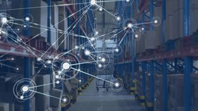 Animation of network of connections over warehouse. Global shipping, connections, computing and data processing concept digitally generated video. - Powered by Shutterstock - Get 15% off with code: PIKWIZARD15