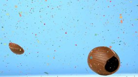 Animation of confetti falling over cracked chocolate easter egg on blue background. Easter, tradition, religion and faith concept digitally generated video. - Powered by Shutterstock - Get 15% off with code: PIKWIZARD15