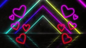 Animation of neon heart icons over glowing neon pattern on black background. Global social media, digital interface, communication, computing and data processing concept digitally generated video. - Powered by Shutterstock - Get 15% off with code: PIKWIZARD15