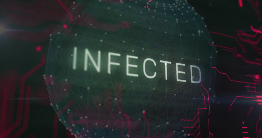 Animation of infected text and network of connections digital data processing over globe. Global cyber security, connections, computing and data processing concept digitally generated video.