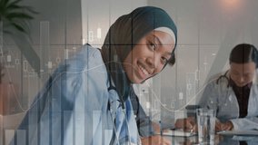 Animation of financial data processing over diverse doctors. Global medicine, healthcare, finances, computing and digital interface concept digitally generated video. - Powered by Shutterstock - Get 15% off with code: PIKWIZARD15
