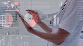 Animation of financial data processing over caucasian female doctor using tablet. Global medicine, business, connections, computing and data processing concept digitally generated video. - Powered by Shutterstock - Get 15% off with code: PIKWIZARD15