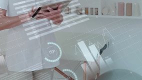 Animation of financial data processing over caucasian female doctor using tablet. Global medicine, business, connections, computing and data processing concept digitally generated video. - Powered by Shutterstock - Get 15% off with code: PIKWIZARD15