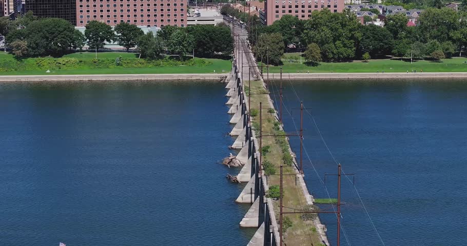 Late summer, early fall aerial, drone, video of the Harrisburg Pennsylvania skyline and the Susquehanna River.  September 2024.