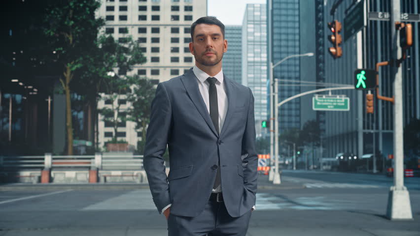 Confident Caucasian Businessman Wearing a Sharp Suit, Standing Still Amidst the Fast Paced City with Pedestrians Rushing By on a Street. Timelapse Portrait with Bustling Urban Environment