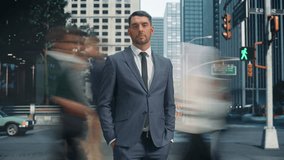 Confident Caucasian Businessman Wearing a Sharp Suit, Standing Still Amidst the Fast Paced City with Pedestrians Rushing By on a Street. Timelapse Portrait with Bustling Urban Environment - Powered by Shutterstock - Get 15% off with code: PIKWIZARD15