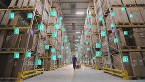 A warehouse worker carrying a rockla with cardboard boxes through a large warehouse.  Warehouse Order Picking. Inventory and warehouse management.  - Powered by Shutterstock - Get 15% off with code: PIKWIZARD15