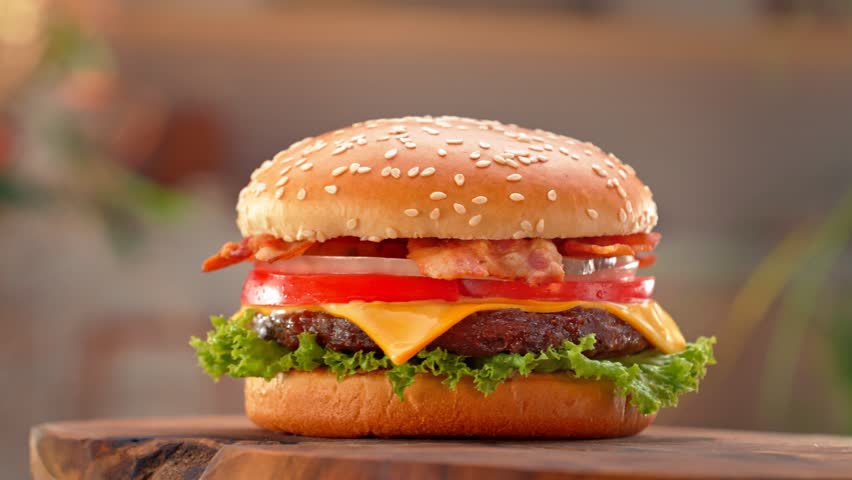 Spinning Premium Hamburger Filmed with Camera Motion.