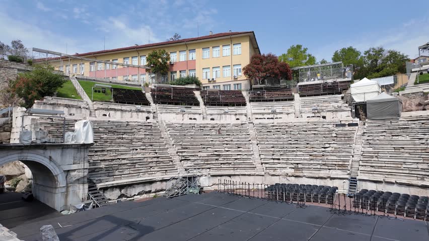 Ruins of Ancient Roman theatre of Philippopolis in city of Plovdiv, Bulgaria