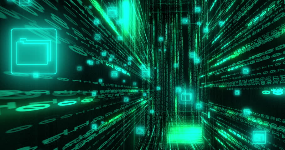 Digital, hologram and speed with particles in cyberspace for data encryption, cybersecurity or system matrix. Empty, futuristic and technology grid with fast pattern for network bypass or AI control