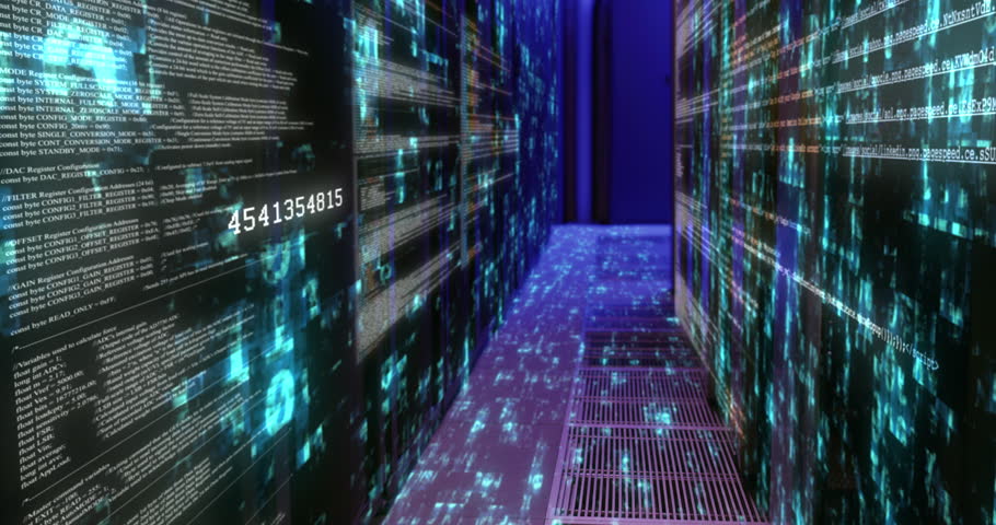 Coding, data transfer and hologram with digital in server room of binary code, programming and cloud computing. Metaverse, pattern and connection of it, network system and software update of security