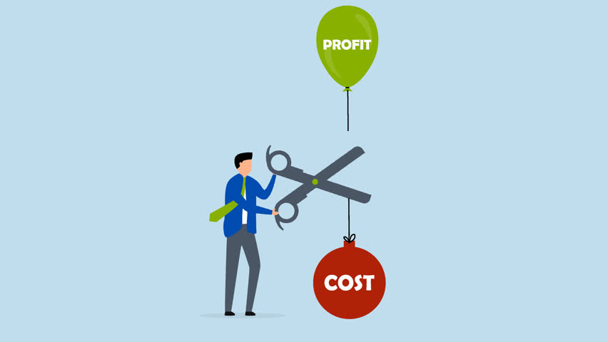 Cost reduction, 4k animation of Businessman cutting high expenses with scissors to allow profits to increase.