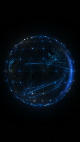 New day over Europe, vibrant sunrise from space, blue lines symbolize internet data traffic and global connections, satellites forming a dynamic network around the planet. Copy space.