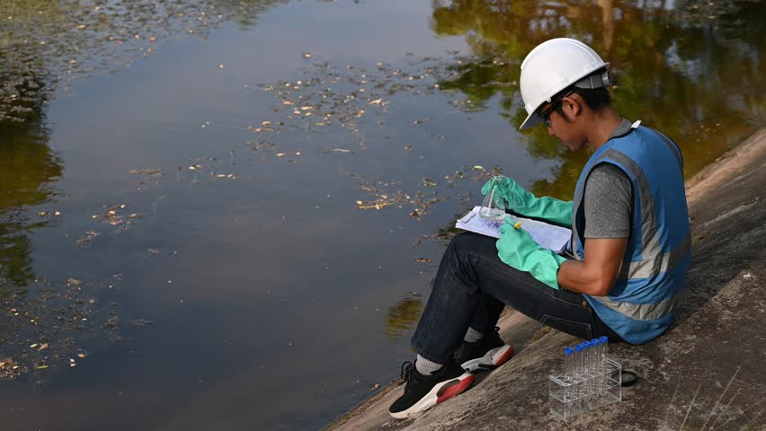 An environmental scientist,engineer,or researcher is inspecting natural water sources,taking samples for further analysis in a lab,with a focus on environmental conservation and sustainability