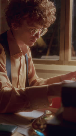 Young writer in glasses typing on old-fashioned typewriter with concentration at table with warm light from desk lamp. Vertical format footage