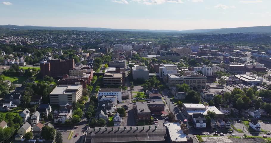 Late summer, early fall aerial, drone, video of the Scranton Pennsylvania skyline.  September 2024.