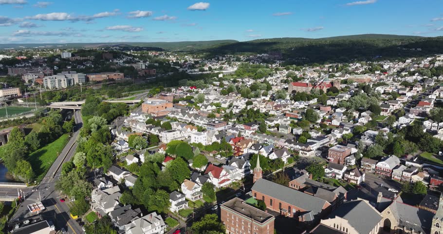 Late summer, early fall aerial, drone, video of the Scranton Pennsylvania skyline.  September 2024.