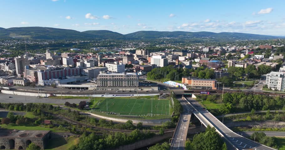 Late summer, early fall aerial, drone, video of the Scranton Pennsylvania skyline.  September 2024.