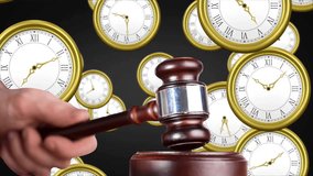 Gavel striking sound block animation over multiple clocks with Roman numerals. Law, justice, time, motion, legal, decision - Powered by Shutterstock - Get 15% off with code: PIKWIZARD15
