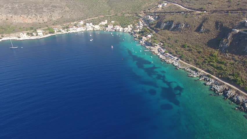Distant aerial view of the seaside village of Limeni in Areopolis, Greece