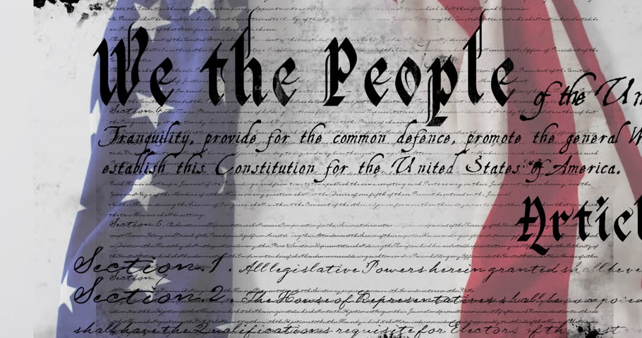 United States Constitution text with American flag animation overlay. Patriotism, USA, freedom, independence, history, democracy
