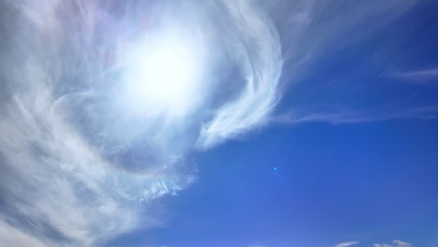 Timelapse of wispy clouds in a deep blue sky. Natural background, time-lapse, copy space