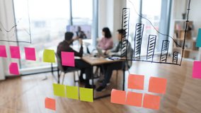 Office setting where team collaborates on project through brainstorming session and video conference call. Large windows and sticky notes create modern, productive environment. - Powered by Shutterstock - Get 15% off with code: PIKWIZARD15