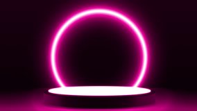 On a dark background there is a dark pink podium with a light pink luminous platform, behind it is a pink ring lighting. An animated minimalist pedestal to advertise your products. - Powered by Shutterstock - Get 15% off with code: PIKWIZARD15