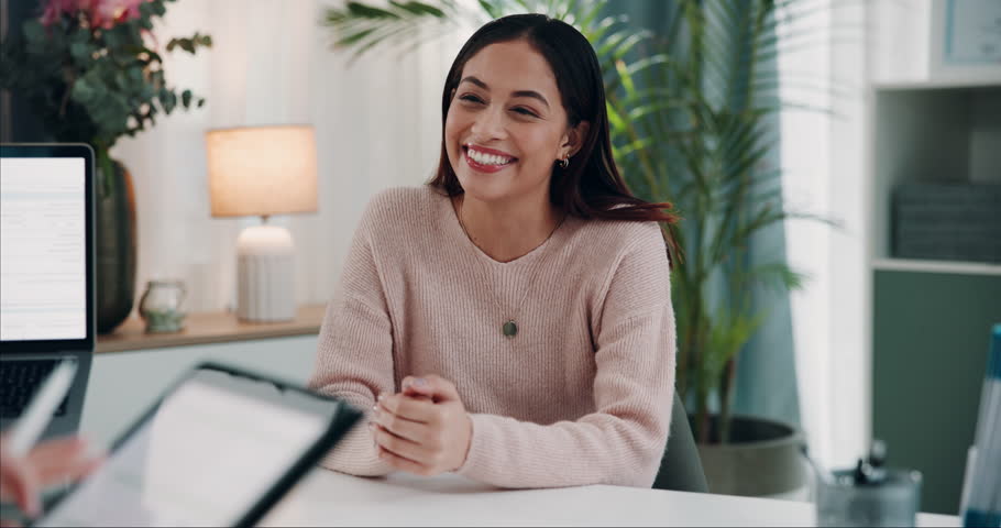 Happy woman, interview or meeting with tablet for hiring, career or job opportunity at office. Young, female person or candidate with smile for junior position, application or discussion at workplace