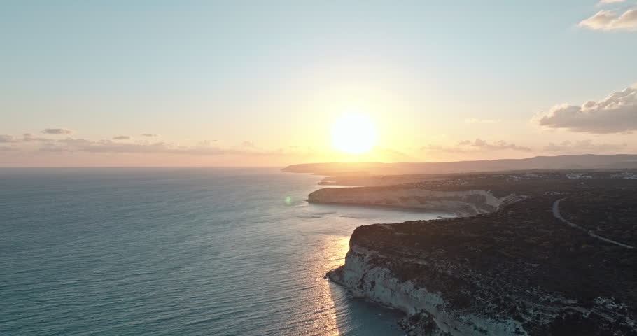 aerial view Kourion beach Cyprus. Beautiful nature of the rocky seashore at sunset on the island. High quality 4k footage