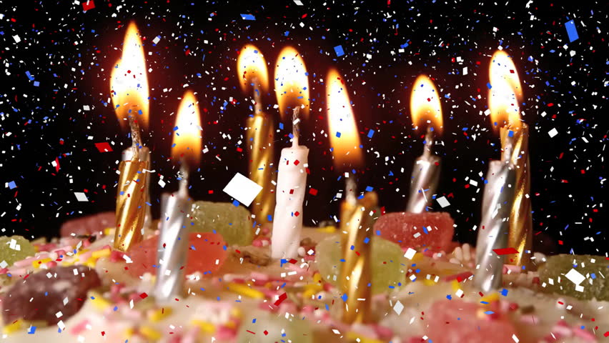Birthday candles burning on cake with confetti falling animation. Celebration, party, decoration, festive, joyful, colorful