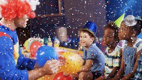 Confetti animation over children watching clown at birthday party. Celebration, fun, entertainment, joy, laughter, excitement - Powered by Shutterstock - Get 15% off with code: PIKWIZARD15