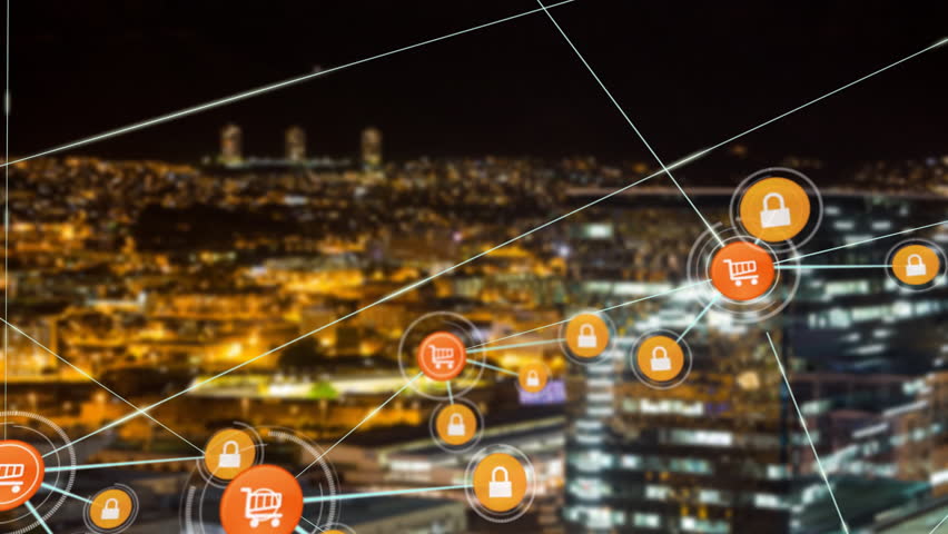 Shopping cart and security lock icons connected by lines, e-commerce network animation over cityscape. online shopping, technology, digital, internet, connectivity, cybersecurity - Powered by Shutterstock - Get 15% off with code: PIKWIZARD15