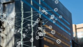 Network of connections and data processing animation over modern office building. Technology, digital, networking, connectivity, information, innovation - Powered by Shutterstock - Get 15% off with code: PIKWIZARD15
