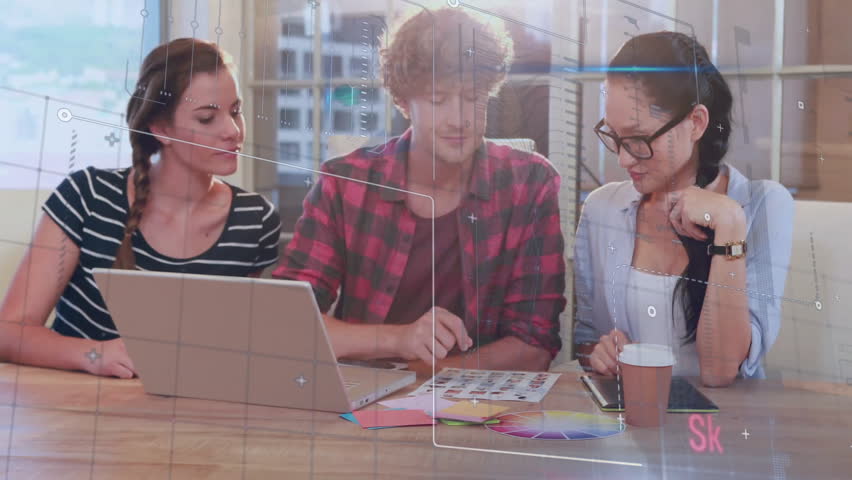 Scanning text animation over diverse group of people working at table. Teamwork, collaboration, business, office, technology, diversity
