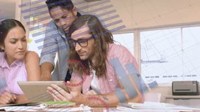 Analyzing data on tablet, business team with global charts animation over workspace. teamwork, data analysis, technology, collaboration, strategy, meeting - Powered by Shutterstock - Get 15% off with code: PIKWIZARD15