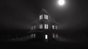 Haunted house in fog environment. White light rays come out of glowing white mansion windows. Spooky atmosphere. - Powered by Shutterstock - Get 15% off with code: PIKWIZARD15