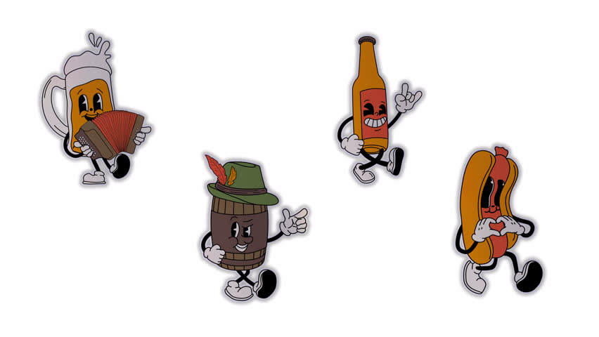 Set of Stickers retro Beer, Hot Dog mascot character. Oktoberfest mascot. Alpha channel transparency